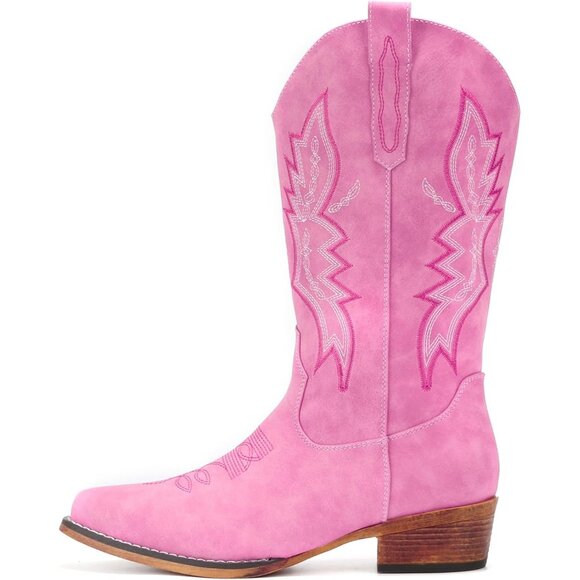 Women's Pink Western Boots Cowgirl Boots Pull On Pointy Toe Mid Calf Boots - Picture 4 of 6